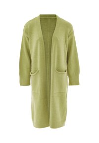 Ljusgrön cardigan med avslappnad passform, långa ärmar, öppen front och två framfickor. Mjuk textur och enkel design utan mönster.