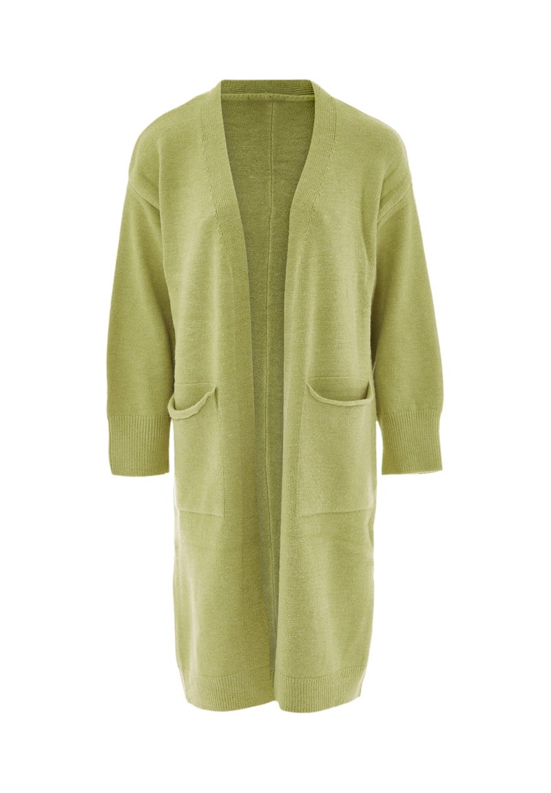 Ljusgrön cardigan med avslappnad passform, långa ärmar, öppen front och två framfickor. Mjuk textur och enkel design utan mönster.