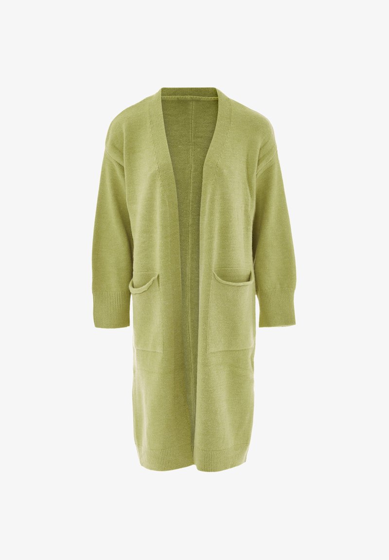 Világoszöld kardigán laza szabással, hosszú ujjal, nyitott elülső résszel és két elülső zsebbel. Puha textúra és mintázat nélküli egyszerű dizájn.