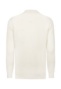 Jasnobeżowy sweter z długim rękawem i okrągłym dekoltem. Wykonany z gładkiej tkaniny, z prążkowanymi krawędziami przy mankietach i dolnym końcu.