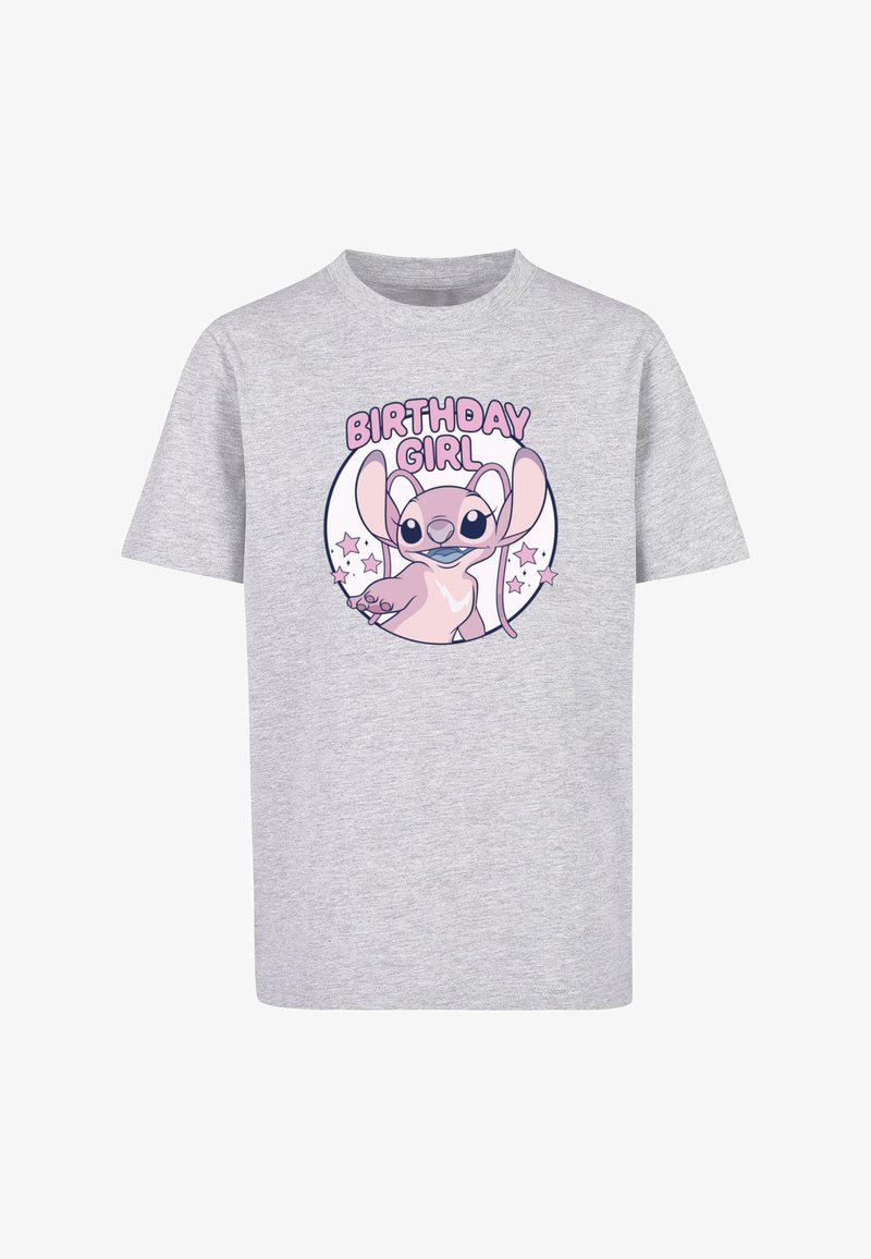 Grey cotton t-shirt featuring a cartoon character with oversized ears and a playful pose, surrounded by pink stars and the text "BIRTHDAY GIRL."