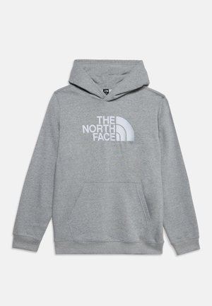 Sweat à capuche gris clair avec logo "The North Face" et poche kangourou à l'avant, présenté sur fond blanc.