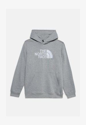 Sweat à capuche gris clair avec logo "The North Face" et poche kangourou à l'avant, présenté sur fond blanc.