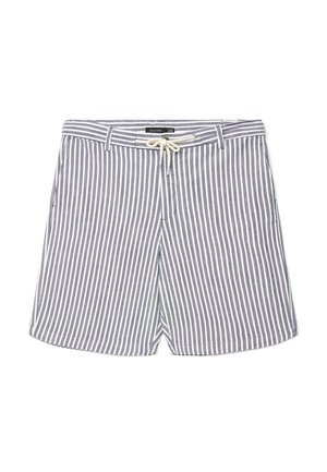 Blaue und weiße vertikal gestreifte Shorts mit Gürtelschlaufen und weißem Kordelzug in der Taille.