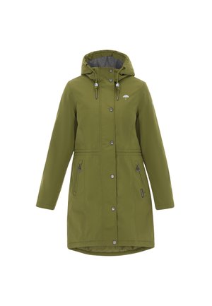 Olijfgroene waterdichte jas met een capuchon, ritssluitingen aan de zijkanten, grijze voering en knoopsluiting aan de voorkant. Heeft een paraplu-logo.