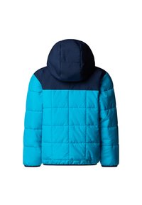 Kurtka ocieplana z niebieskim korpusem i granatową górną częścią, z kapturem. Wzór w kwadraty na całej powierzchni, wykonana z materiału syntetycznego.