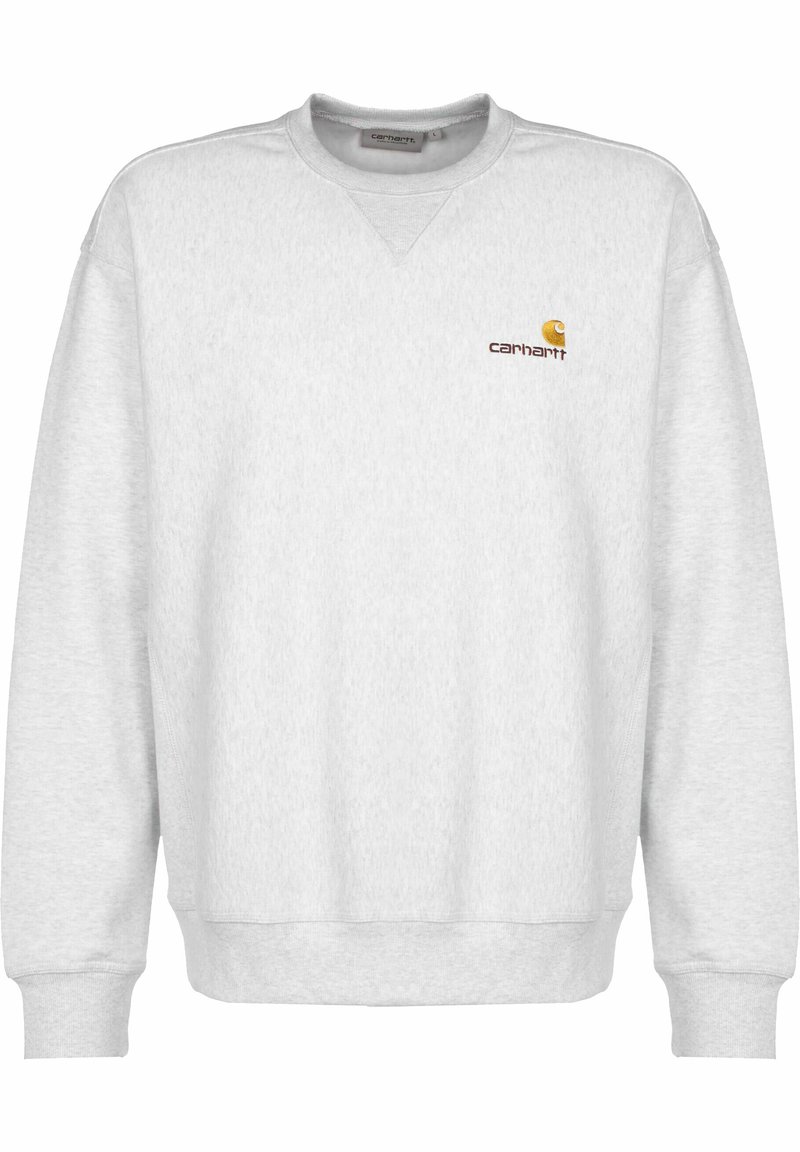 Grijze fleece sweatshirt met ronde hals, ribgebreide manchetten en onderkant, met een klein bruin Carhartt-logo op de linkerborst.