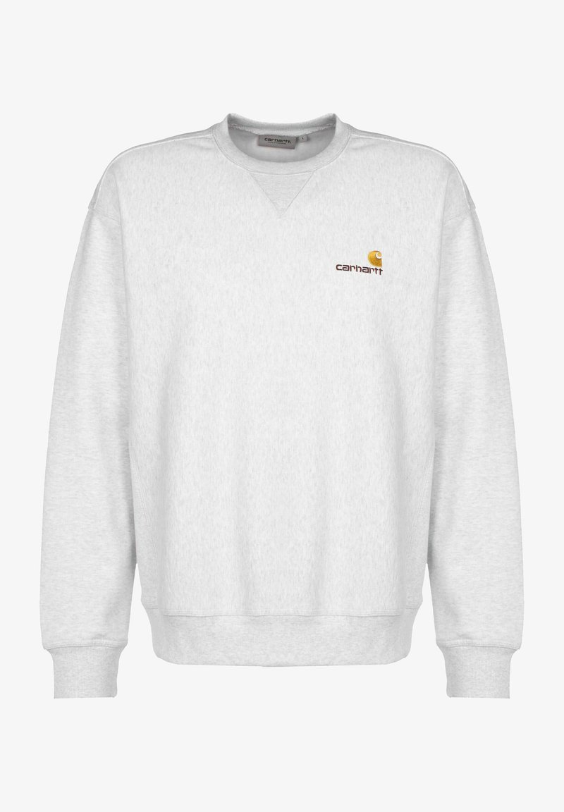 Felpa grigia in pile con collo a giro, polsini e orlo a costine, caratterizzata da un piccolo logo marrone Carhartt sulla parte sinistra del petto.