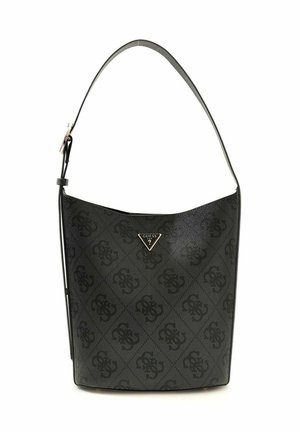 Sac seau noir Guess avec bandoulière réglable et motif discret de logo sur toute la surface, doté d'une plaque logo triangulaire en métal.