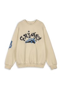 Beige sweatshirt met een geribbelde halslijn en boorden, voorzien van gedurfde zwarte en blauwe graphics met de tekst "GRIMEY" en een geïllustreerde bus.