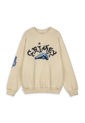 Beige sweatshirt with a ribbed neckline and cuffs, featuring bold black and blue graphics reading "GRIMEY" and an illustrated van.