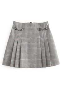 Jupe en tartan gris en tissu tissé, dotée de plis, de quincaillerie décorative sur les côtés et d'une taille ajustée avec une fermeture éclair à l'arrière.