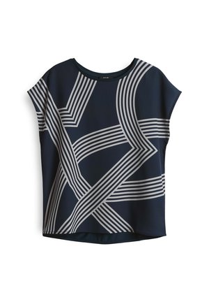 Navy korte mouwen top van gladde stof, met een geometrisch patroon van witte lijnen over de voorkant en een ronde hals.
