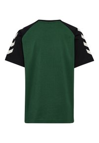 Grön och svart t-shirt med korta ärmar och rund halsringning. Har kontrasterande raglanärmar och vita diagonala ränder på det svarta tyget.