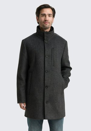 Grau melierter Wollmischmantel mit hohem Kragen, fünf Knöpfen, seitlichen Taschen und strukturierter Oberfläche. Hat eine schlanke, gerade Silhouette.