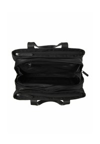 Sac en cuir noir avec deux poignées supérieures, doté de plusieurs compartiments zippés et d'une texture lisse. L'intérieur est en tissu noir uni.