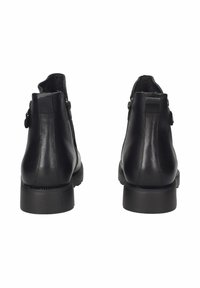 Stivali neri in pelle fino alla caviglia con rifinitura liscia, punta arrotondata, tacco basso impilato e dettaglio con chiusura zip sul lato.