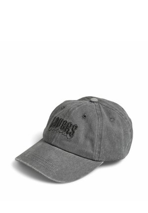 Casquette de baseball en coton gris avec texte noir brodé "RIVVERS" sur le devant, six œillets de ventilation et une visière courbée.