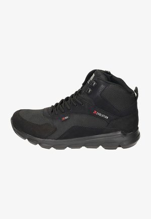 Black mid-height hiking shoe with textured synthetic upper, mesh panels, lace-up front, and rubber sole. Features "R-TEX" and "REVOLUTION" logos.