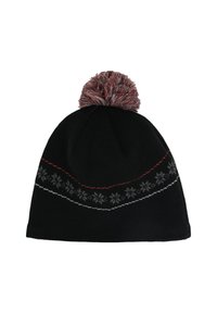 Bonnet en tricot noir avec un motif de flocons de neige décoratif en gris et rouge, surmonté d'un pompon multicolore pour plus de détails.