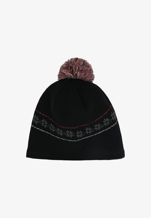 Berretto di maglia nero con un motivo decorativo di fiocchi di neve grigi e rossi, completato da un pon-pon multicolore per un tocco in più.