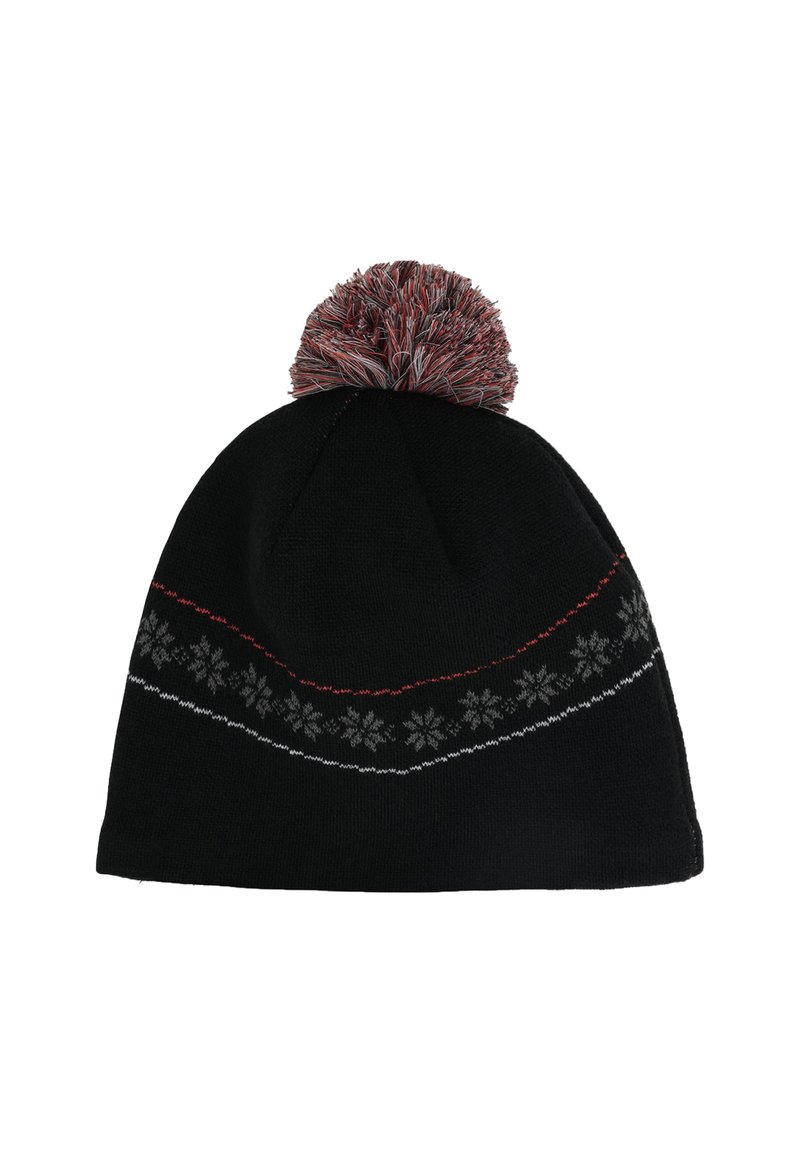 Bonnet en tricot noir avec un motif de flocons de neige décoratif en gris et rouge, surmonté d'un pompon multicolore pour plus de détails.