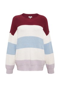 Strickpullover mit Rundhalsausschnitt, der entspannte Passform hat und in den Farben Kastanienbraun, Hellblau, Creme und Lavendel horizontale Streifen aufweist. Strukturiertes Gewebe.