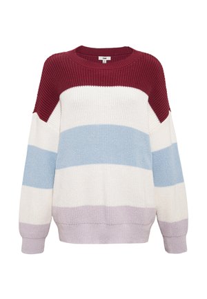 Knit sweater with a crew neckline featuring maroon, light blue, cream, and lavender horizontal stripes in a relaxed fit. Textured fabric.