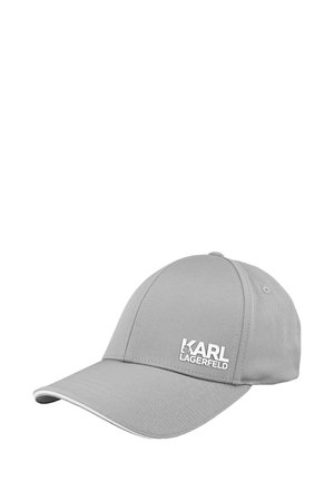 Gorra de béisbol gris claro con visera curva y logo "KARL LAGERFELD" impreso en blanco en el panel frontal.