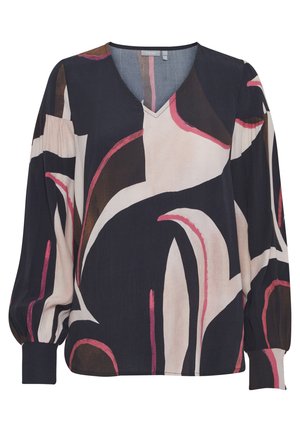 Bluza z dolgimi rokavi, V-izrezom z abstraktnimi vzorci v mornarsko modri, kremni in roza barvi. Narejena iz lahkega materiala, ima naborke na rokavih in manšetah.