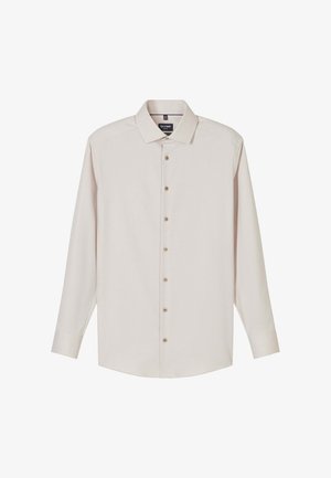 Beiges Herrenhemd mit langen Ärmeln, klassischem Kragen und durchgehender Knopfleiste, aus glattem Stoff und mit geknöpften Manschetten.