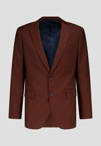 Bruine blazer van textuurstof met een notch-lapel, twee voorzakken en donkerblauwe voering. Bevat twee zwarte knopen.