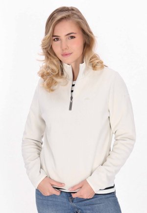 Lys beige fleece pullover med en halv lynlås ved halsen. Har en mørk stribet kant og lange ærmer. Blød tekstur, minimal branding.