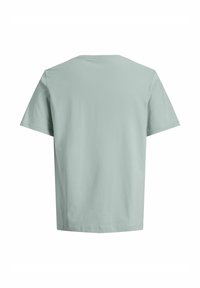 Απλό ανοιχτοπράσινο κοντομάνικο μπλουζάκι, εμφανιζόμενο από πίσω με στρογγυλή λαιμόκοψη και χωρίς ορατά λογότυπα ή σχέδια.