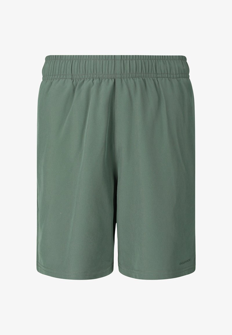 Shorts de sport verts à taille élastique avec un design simple et le texte « ENDURANCE » près de l'ourlet sur la jambe droite.