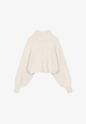 Kort, krämfärgad tröja med hög krage, vida ärmar och en mjuk, texturerad yta. Tillverkad av ett mysigt stickat material.