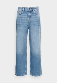 Světlé modré denimové široké kalhoty s vysokým pasem, designem pěti kapes a mírným vyblednutím. Obsahují zapínání na knoflík a zip.