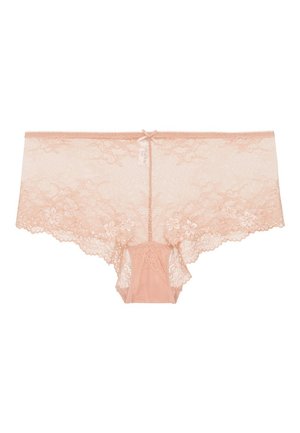 Lace hipster panties in soft blush pink, featuring floral patterns, scalloped edges, and a center ribbon detail. Stretchy, delicate texture.