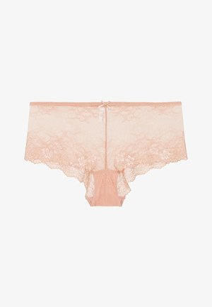 Kanten hipster slipjes in zachte blushroze, met bloemmotieven, geschulpte randen en een strikdetail in het midden. Rekbare, delicate textuur.