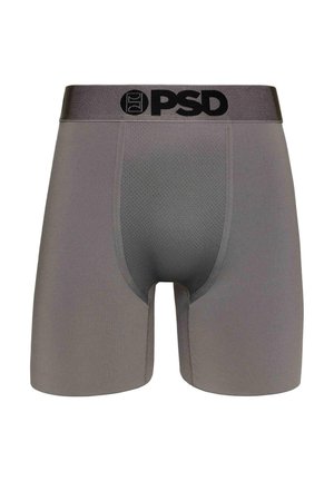 Graue Boxer-Shorts aus glattem Stoff mit einer strukturierten Vorderseite, ausgestattet mit einem schwarzen Logo-Bund und einem taillierten Design.