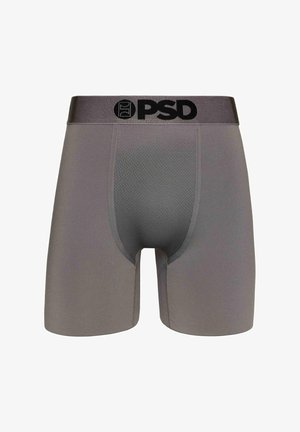 Sive bokserice iz gladkega materiala z teksturiranim sprednjim delom, opremljene z belim logotipom na pasu in prilegajočim dizajnom.