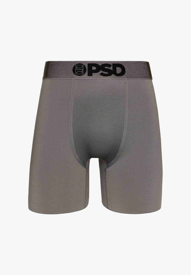 Gray boxer briefs made of smooth fabric with a textured front panel, featuring a black logo waistband and a fitted design.