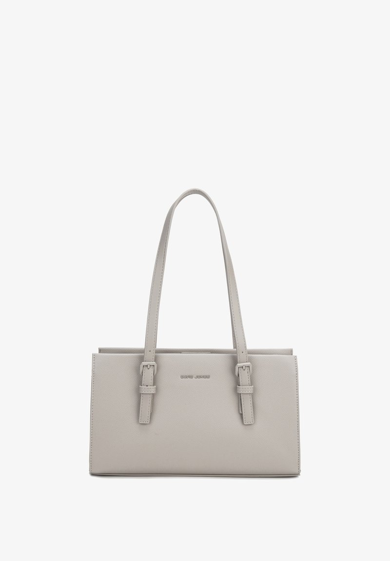 Sac à main rectangulaire gris avec deux bretelles et logo "David Jones" centré à l'avant.