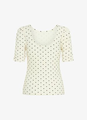 Kremowa bluzka z krótkimi bufkami, z dekoltem w serek i ryżowym wzorem, ozdobiona małymi brązowymi kropeczkami.