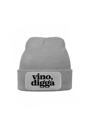 Gray knit beanie with a ribbed texture and a folded cuff. Features a white rectangular patch with the text "vino, digga" in bold black font.