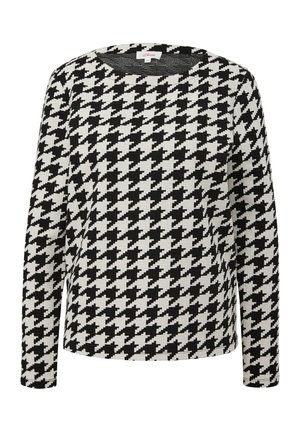 Zwart-wit houndstoothpatroon lange mouwen top met een ronde halslijn, met een textuur gebreide stof en een ontspannen pasvorm.