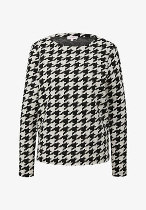 Schwarzes und weißes Hahnentristmuster, langärmliges Oberteil mit rundem Ausschnitt, aus strukturiertem Strickstoff und mit lockerer Passform.