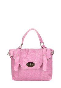 Borsa in denim rosa con una texture liscia, manico superiore e tracolla regolabile. Presenta una chiusura metallica e dettagli di cucitura a contrasto.