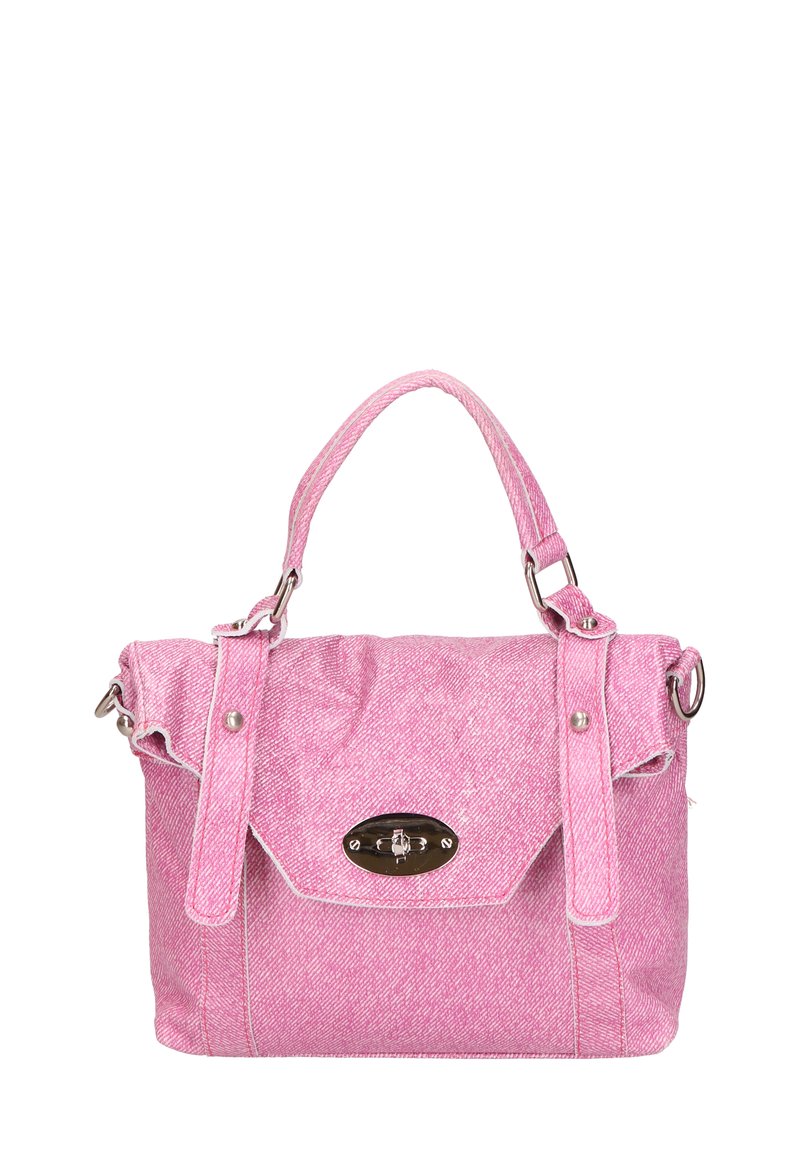 Borsa in denim rosa con una texture liscia, manico superiore e tracolla regolabile. Presenta una chiusura metallica e dettagli di cucitura a contrasto.