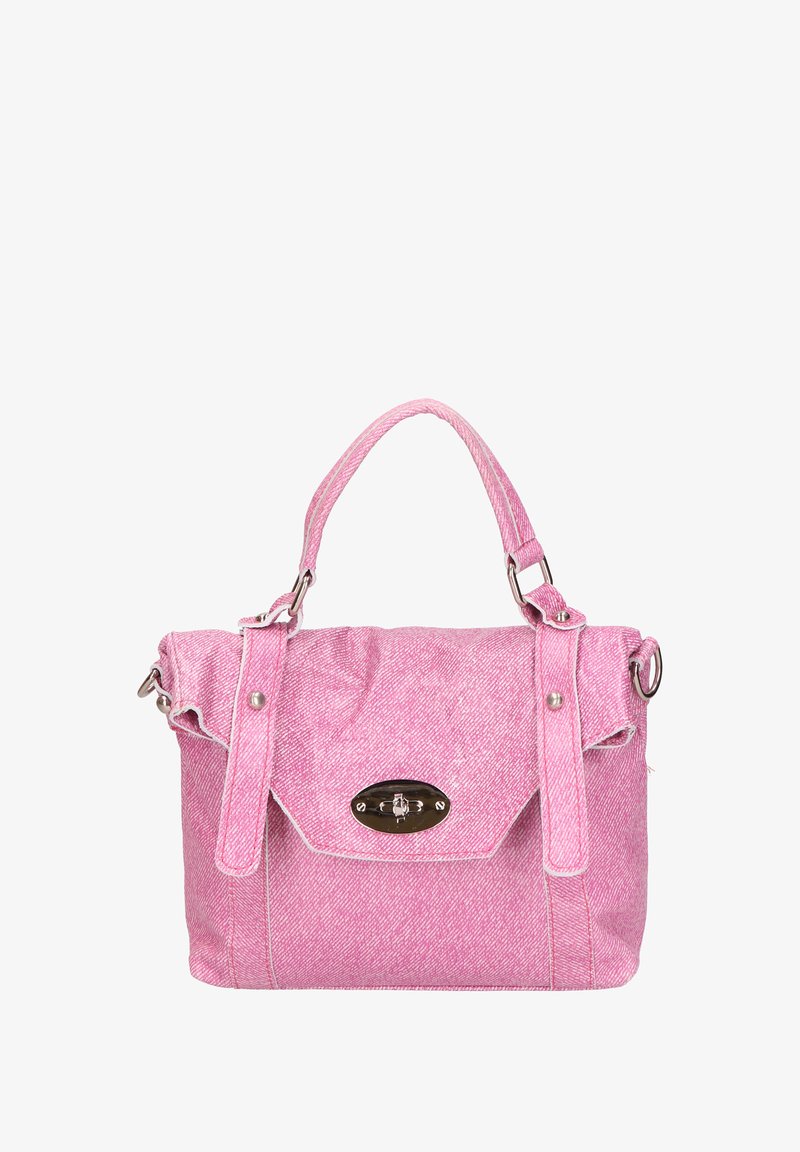 Borsa in denim rosa con una texture liscia, manico superiore e tracolla regolabile. Presenta una chiusura metallica e dettagli di cucitura a contrasto.